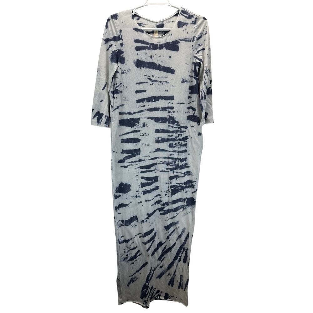 Raquel Allegra Half Sleeve Knit Midi Dress Abstract Blue White Pockets 0/XS